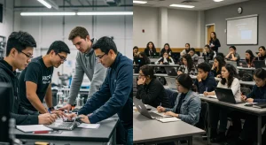 Young adults in an apprenticeship program and students in a university lecture hall representing education paths.