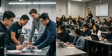 Young adults in an apprenticeship program and students in a university lecture hall representing education paths.