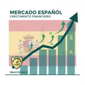 Gráfico financiero con flechas verdes ascendentes y edificios financieros españoles de fondo, simbolizando el arbitraje financiero en España.