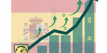 Gráfico financiero con flechas verdes ascendentes y edificios financieros españoles de fondo, simbolizando el arbitraje financiero en España.