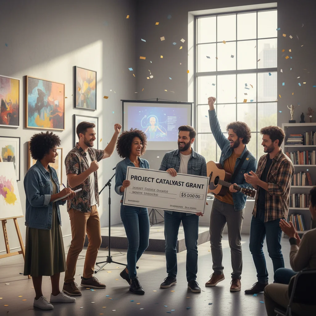 Grupo de artistas celebrando el éxito de un proyecto cultural financiado.