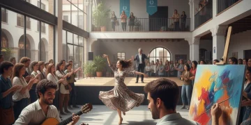 Artistas colaborando en un centro cultural moderno, simbolizando las ayudas a la cultura en España.