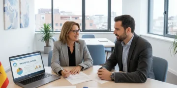 Asesor fiscal profesional explicando documentos a un cliente en una oficina moderna en España.