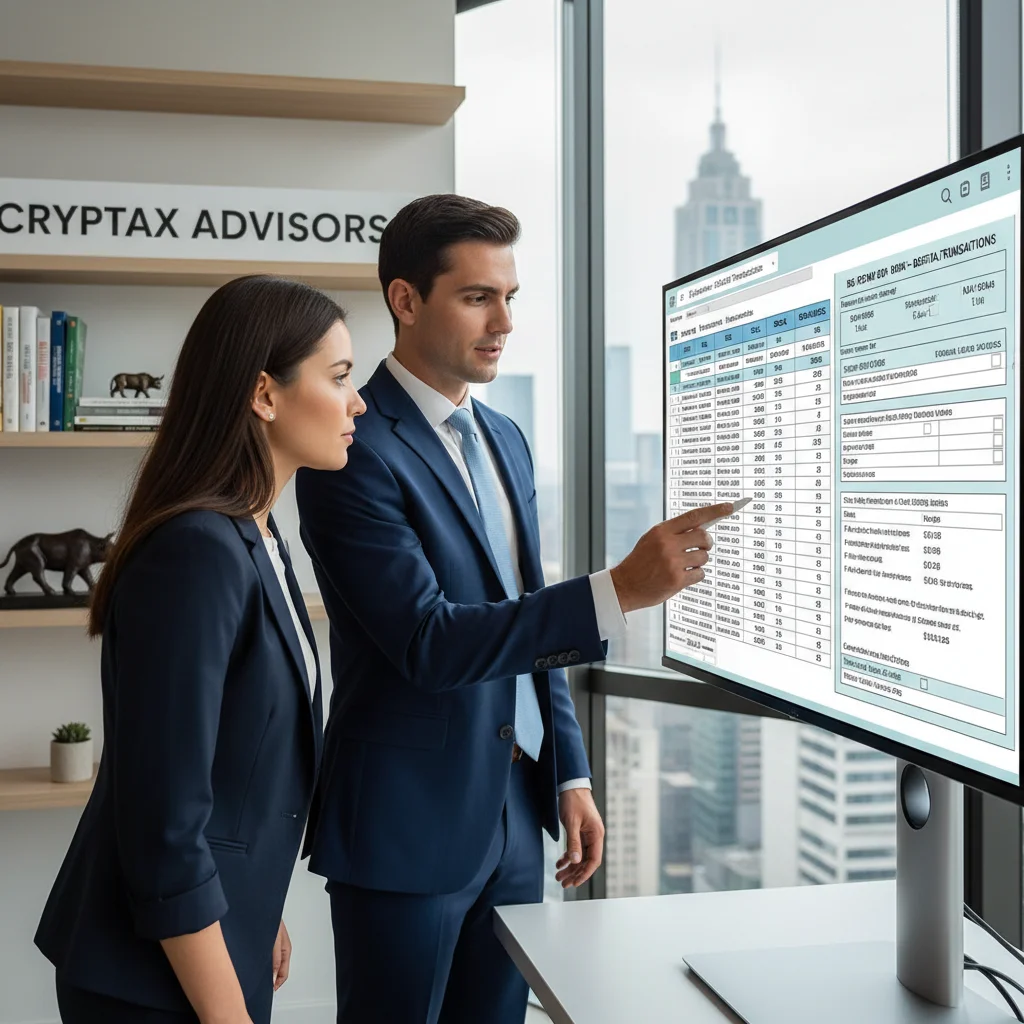 Asesor financiero explicando formularios de impuestos sobre criptoactivos a un cliente, destacando la importancia del cumplimiento normativo.