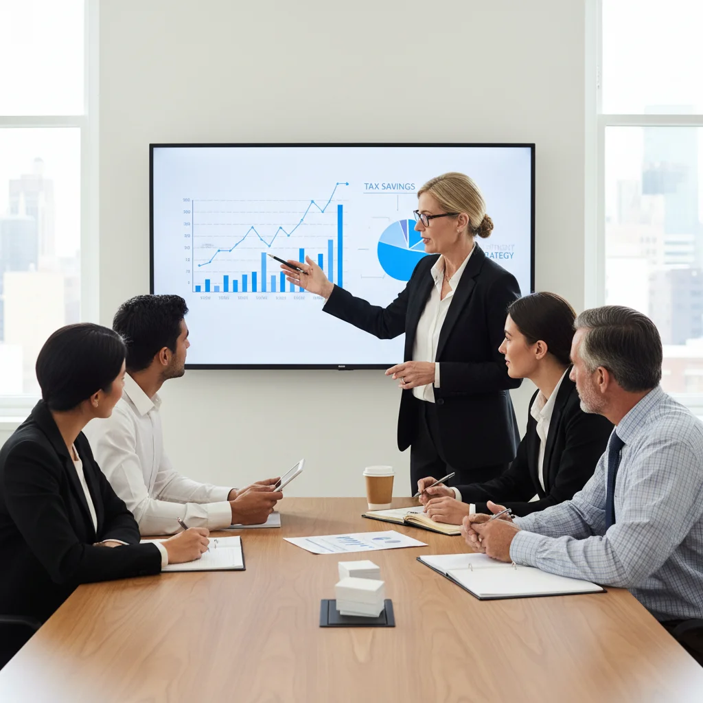 Grupo de personas consultando con un asesor fiscal sobre estrategias de ahorro de impuestos.