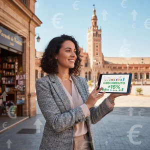 Emprendedor autónomo español sonriendo mientras revisa datos financieros en una tablet, con edificios icónicos de España de fondo, simbolizando oportunidad y crecimiento.