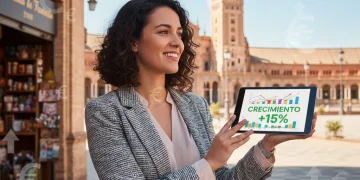 Emprendedor autónomo español sonriendo mientras revisa datos financieros en una tablet, con edificios icónicos de España de fondo, simbolizando oportunidad y crecimiento.
