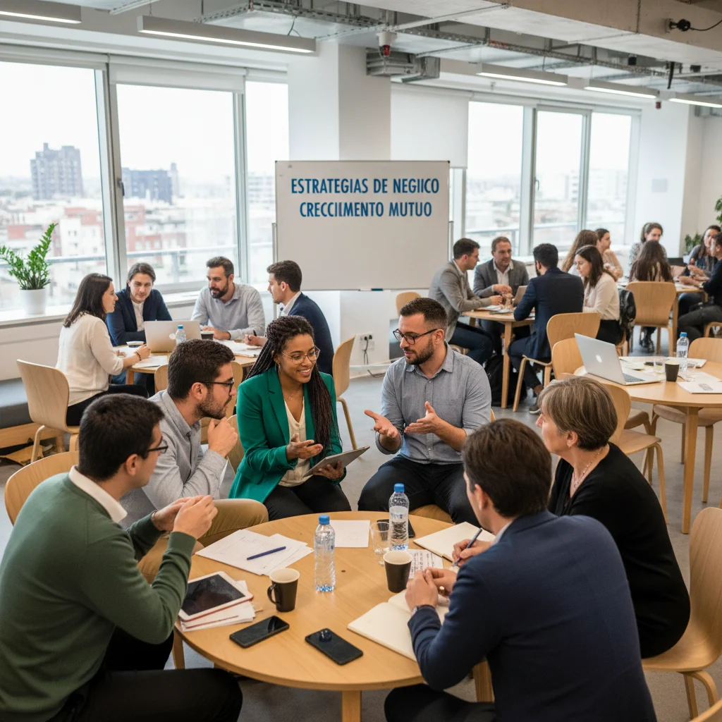 Grupo diverso de autónomos colaborando en un taller, compartiendo ideas y estrategias de negocio en un espacio de coworking moderno.