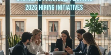 Profesionales analizando ayudas a la contratación en una oficina moderna.