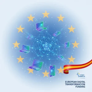 Ayudas Europeas 2026 Digitalización PYMES: Oportunidades y Requisitos en España Gráfico que representa la digitalización de PYMES con elementos de la Unión Europea y España, simbolizando las ayudas europeas de 2026.