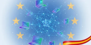 Gráfico que representa la digitalización de PYMES con elementos de la Unión Europea y España, simbolizando las ayudas europeas de 2026.