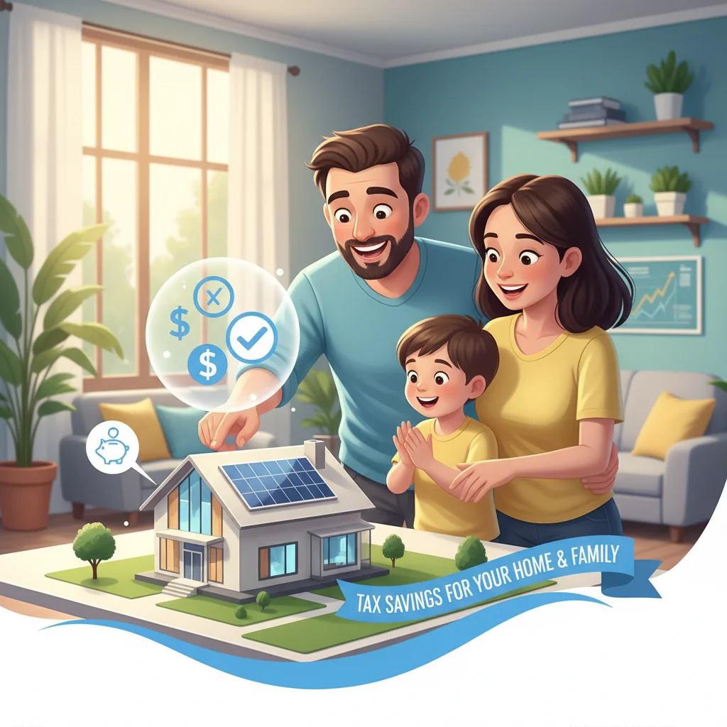Familia feliz mirando maqueta de casa, simbolizando beneficios fiscales por vivienda.