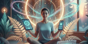 Persona utilizando aplicaciones de bienestar digital en dispositivos futuristas, combinando tecnología y tranquilidad.