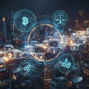 Blockchain con símbolos de criptomonedas y elementos gráficos de regulación, representando el futuro financiero digital.