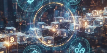 Blockchain con símbolos de criptomonedas y elementos gráficos de regulación, representando el futuro financiero digital.