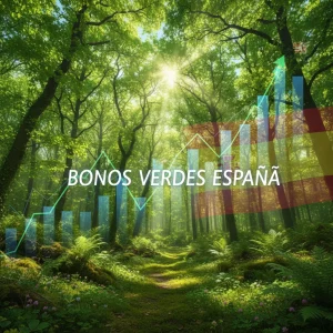 Bosque verde frondoso con gráficos financieros y elementos de la bandera española, simbolizando los bonos verdes en España.