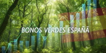 Bosque verde frondoso con gráficos financieros y elementos de la bandera española, simbolizando los bonos verdes en España.