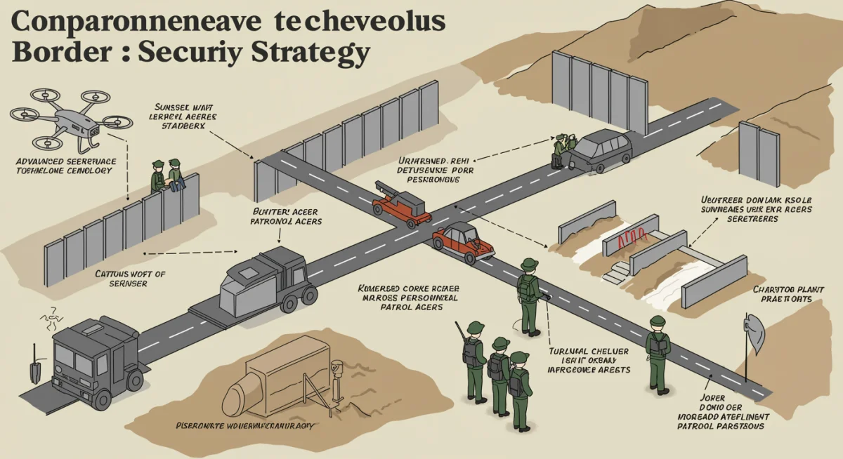 Infographic detailing comprehensive border security components like surveillance, personnel, and infrastructure.