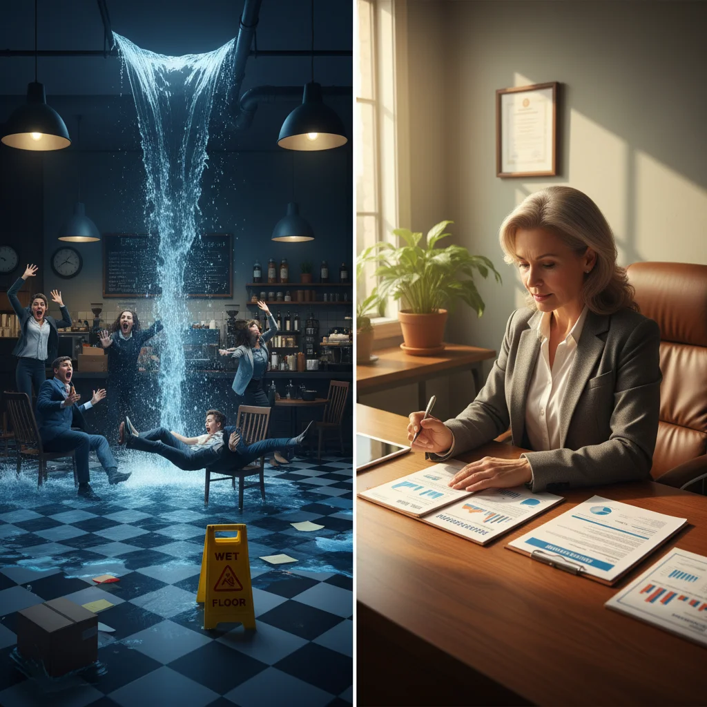 Contrast between a business crisis and a prepared business owner reviewing insurance.