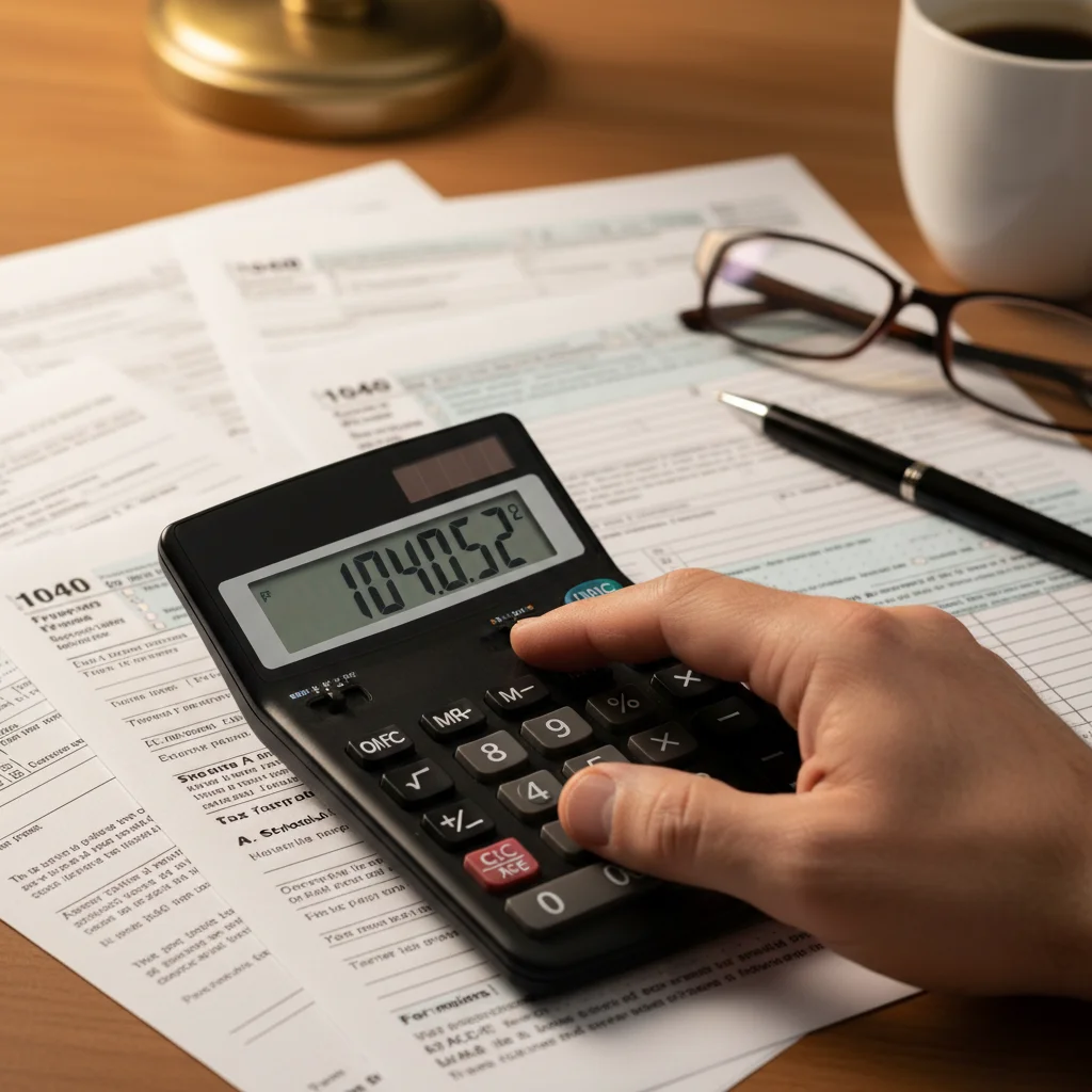 Calculadora y formularios de IRPF, simbolizando la planificación fiscal personal