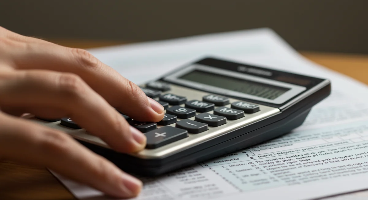 Hand using calculator for child tax credit calculations