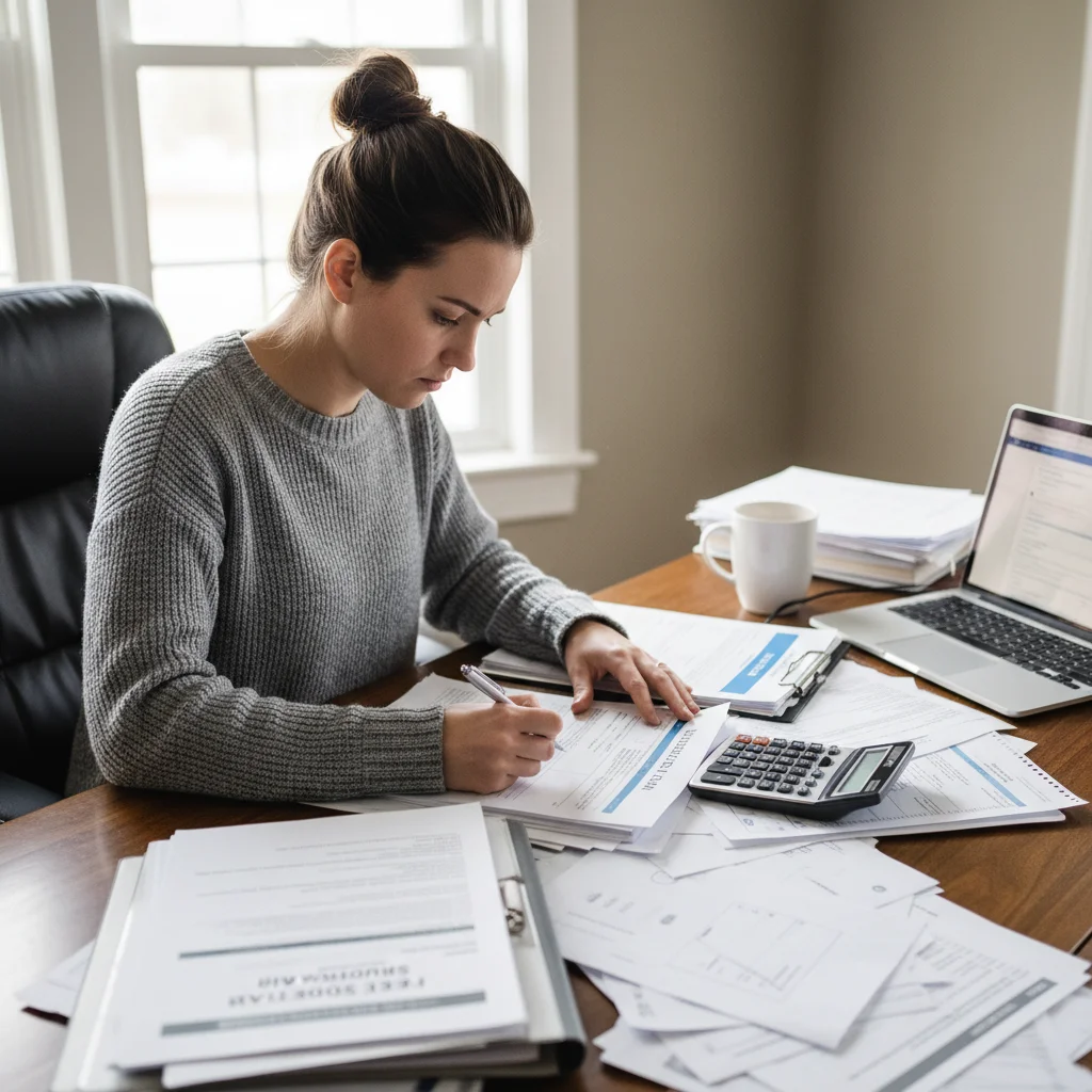 Woman calculating student loan payments and reviewing documents