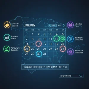 Calendario de Ayudas Estatales 2026: Convocatorias Clave para Empresas y Particulares en España Calendario digital 2026 con iconos de ayudas para empresas y particulares en España