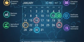 Calendario digital 2026 con iconos de ayudas para empresas y particulares en España