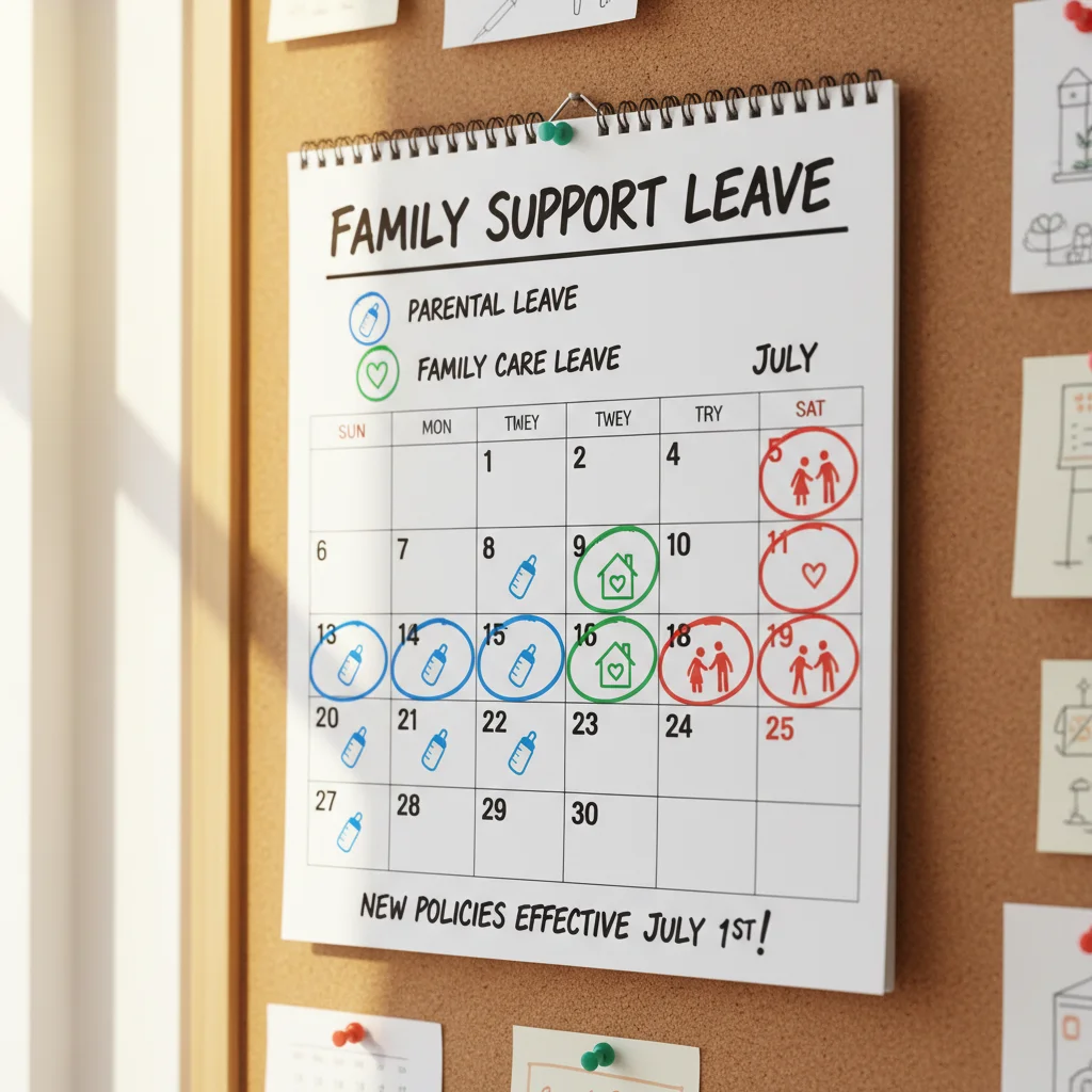 Calendario con fechas marcadas y símbolos de permisos familiares y laborales