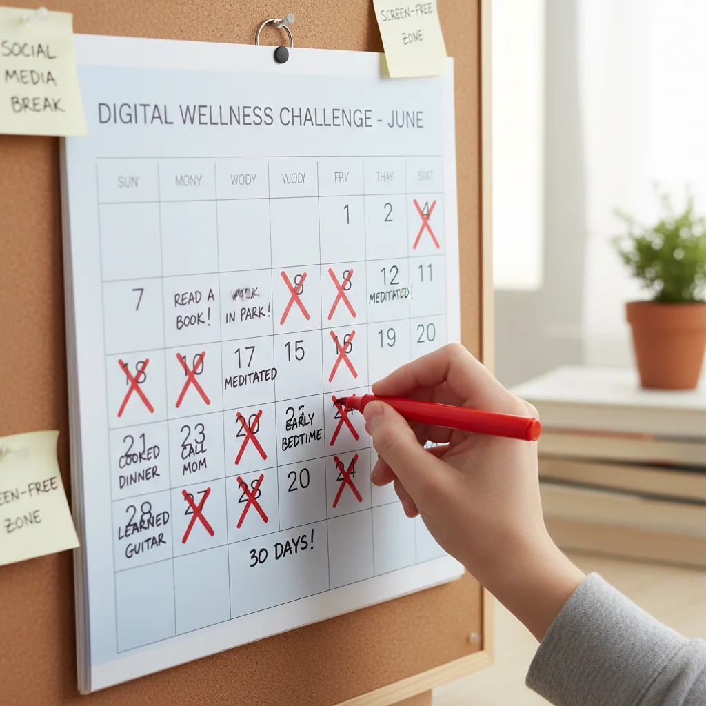 Calendario de 30 días con marcas de progreso en un plan de desintoxicación digital.