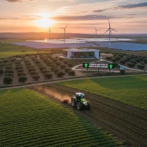 Ayudas Agrarias 2026: Impacto del 15% de Aumento en España Campo agrario español al amanecer con tractor y paneles solares, simbolizando prosperidad y ayudas.