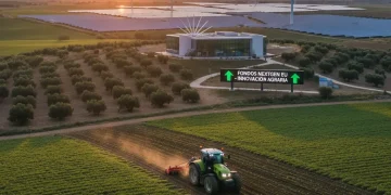 Campo agrario español al amanecer con tractor y paneles solares, simbolizando prosperidad y ayudas.