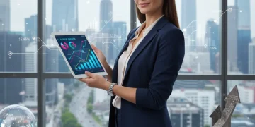 Professional woman analyzing career growth and salary projections on a tablet for a career pivot