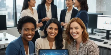 Professional women confidently planning a career pivot on a digital tablet.