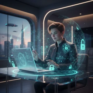 Ciberseguridad Personal 2026: Protege tu Identidad Digital y Evita el Estrés Persona protegiendo su identidad digital con escudos de ciberseguridad en 2026