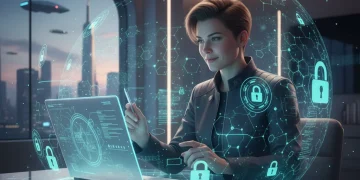 Persona protegiendo su identidad digital con escudos de ciberseguridad en 2026