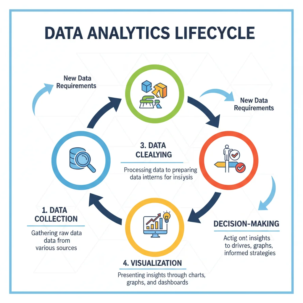 Infografía explicando el ciclo de vida del data analytics, desde la recolección hasta la toma de decisiones.