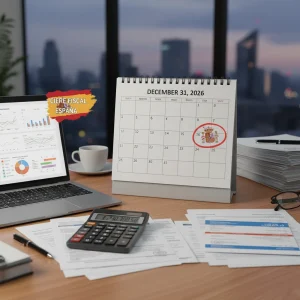 Cierre Fiscal 2026 España: Guía Esencial para Empresas Calendario marcando 31 de diciembre de 2026 con documentos financieros y calculadora, simbolizando el cierre fiscal para empresas.