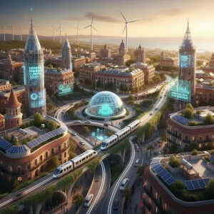 Ciudad sostenible española con paneles solares y aerogeneradores, representando la transición energética en 2026.