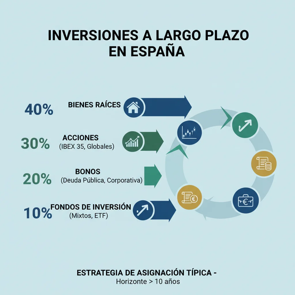 Infografía sobre clases de activos para inversión a largo plazo en España, incluyendo bienes raíces y acciones.