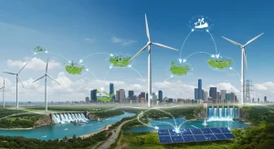 Illustration of diverse clean energy sources powering a modern US grid.