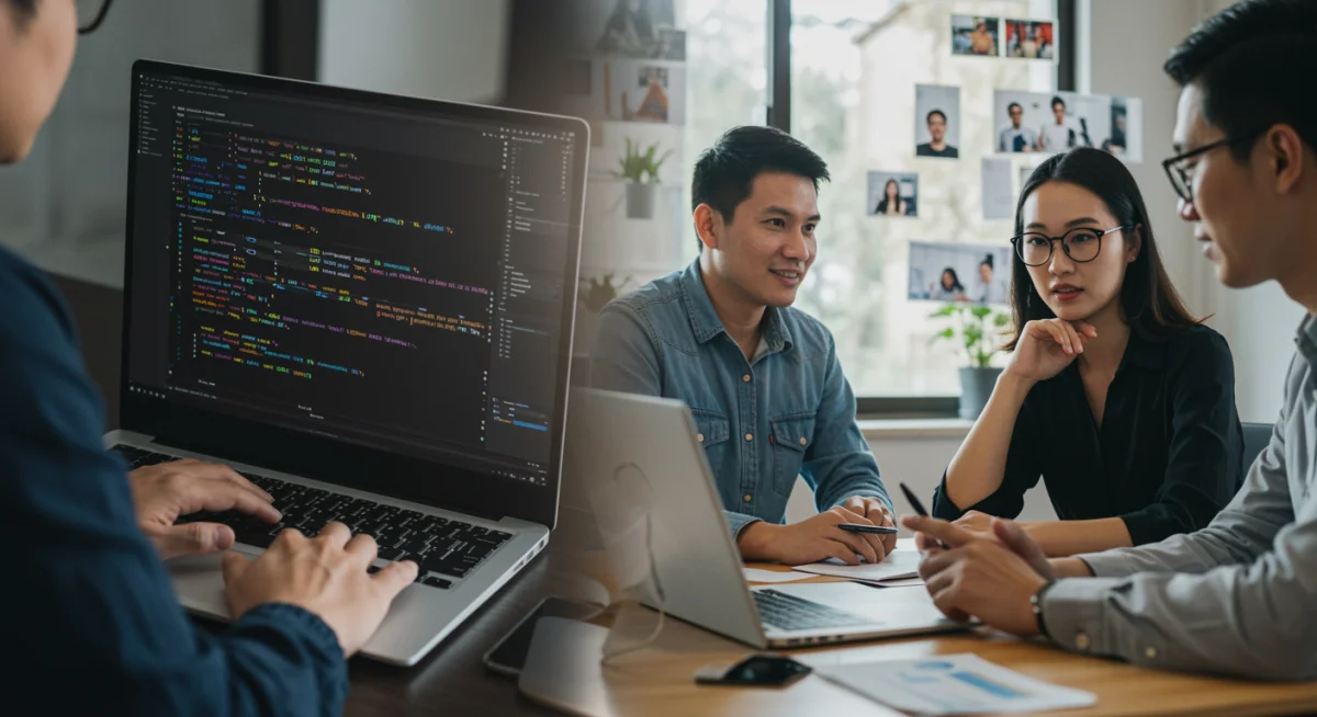 Student engaging with a coding tutorial and collaborating in a virtual team meeting.