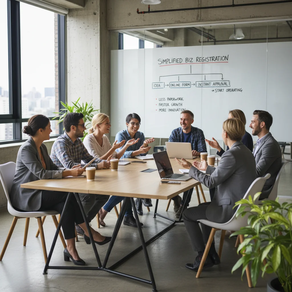 Emprendedores colaborando en una oficina moderna, beneficiándose de la simplificación de procesos y la reducción de la carga administrativa gracias a la Ley de Fomento del Emprendimiento.