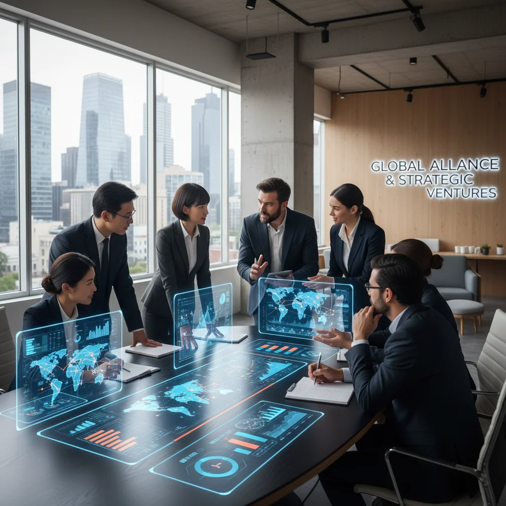 Profesionales de negocios internacionales colaborando en una oficina moderna, simbolizando la inversión estratégica.