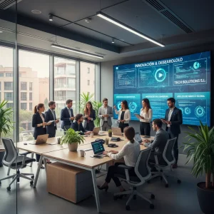 Deducciones I+D+i 2026: Maximizá el Beneficio Fiscal del 25% para tu Empresa Tech en España Profesionales tecnológicos colaborando en un proyecto de I+D+i para maximizar deducciones fiscales en España.