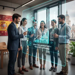 Innovación Abierta: Reducción de Costos Empresariales en España Profesionales colaborando en innovación abierta para reducir costos empresariales en España.