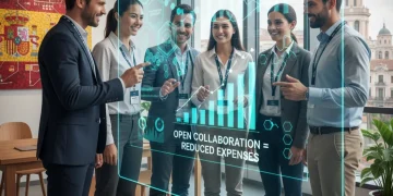 Profesionales colaborando en innovación abierta para reducir costos empresariales en España.