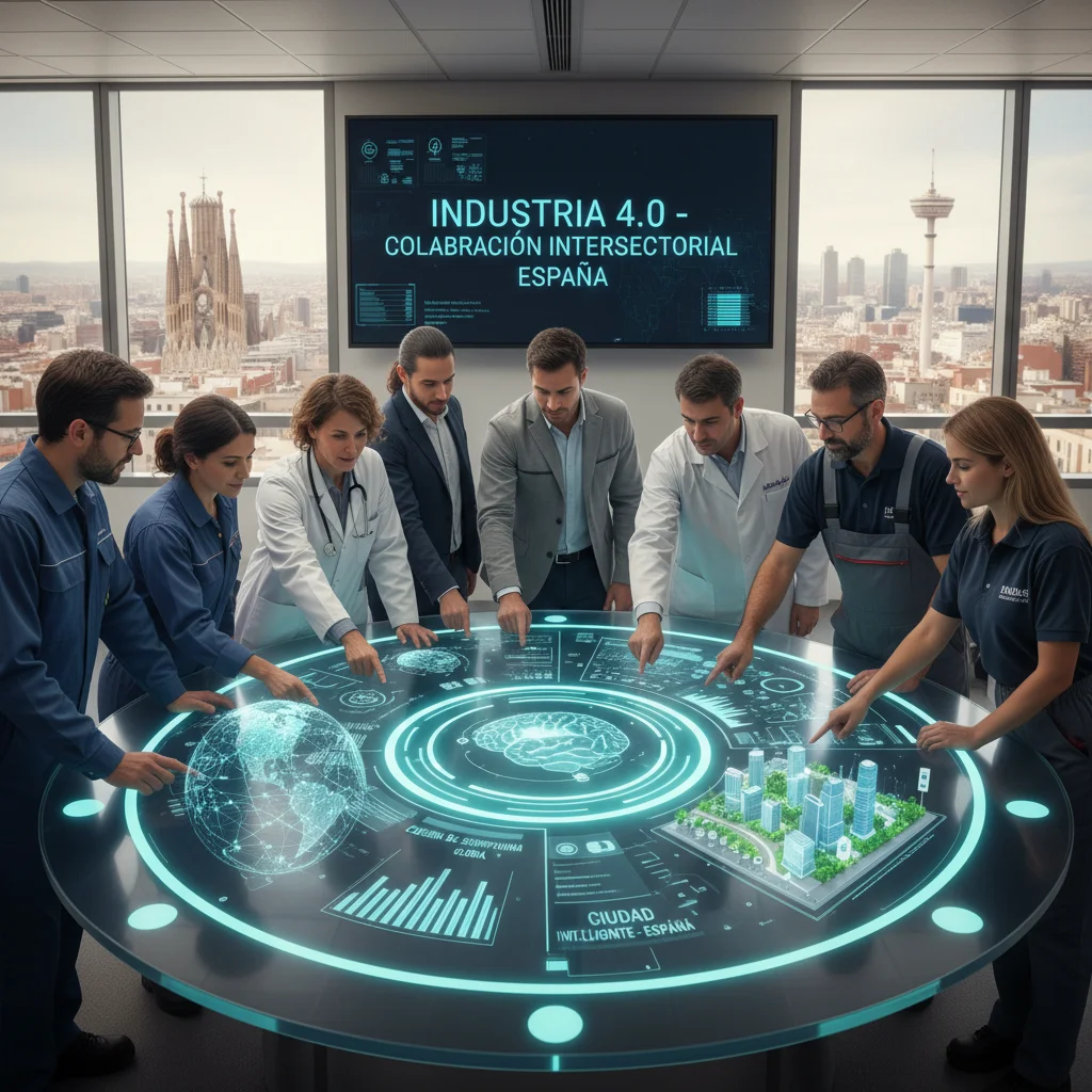 Profesionales de múltiples sectores analizando datos complejos en una pantalla holográfica, representando la colaboración y el impacto transversal de la Industria 4.0.