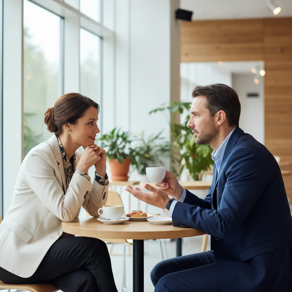 Two colleagues engaging in a deep conversation over coffee, illustrating effective relationship building and mentorship.