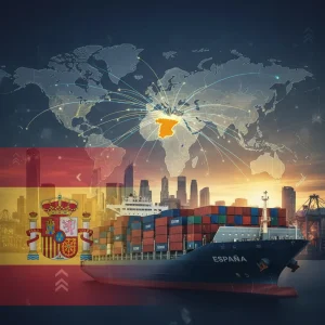 Mapa global de rutas comerciales con España destacada, simbolizando el comercio exterior y la expansión económica.